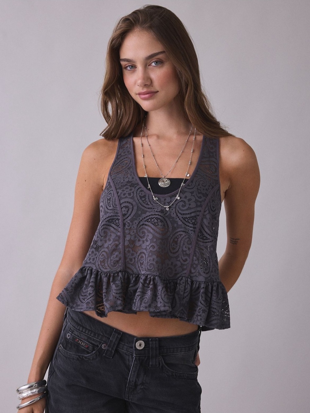 Kimchi Blue Lillie Sheer Lace Ruffle Tank Top